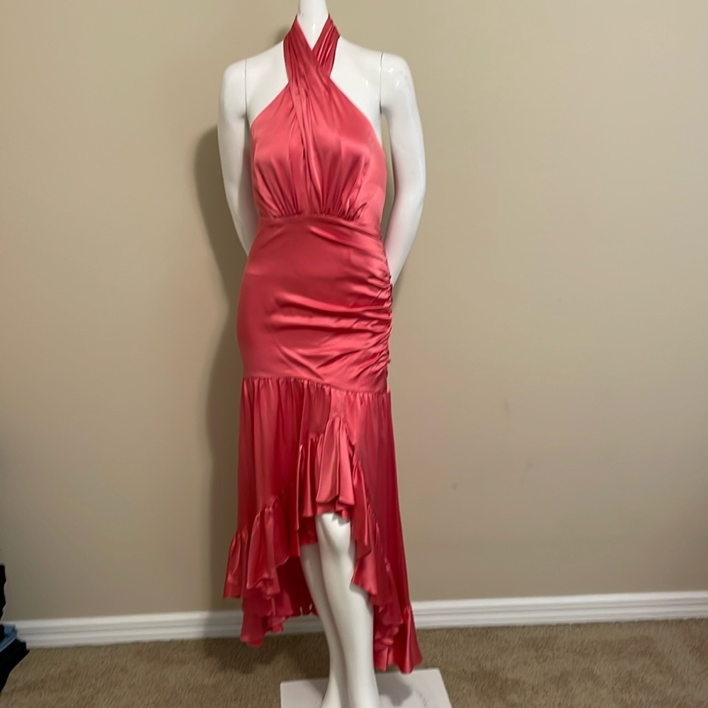 Cinq á Sept Arianna 100% Silk Dress NWT 4 Halter High Low Ruffle Midi Satin $595